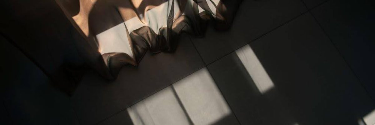 A dimly lit room with solar shades helping reduce heat.