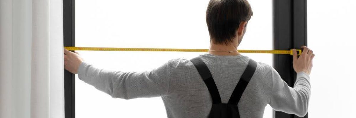 A technician carefully measures a window to install solar screen shades.