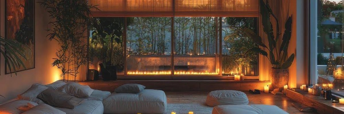 A modern living room with large windows, partially covered with solar shades.